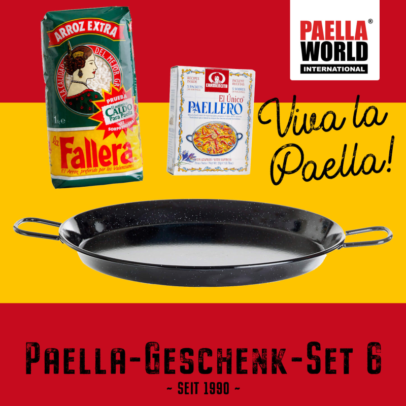 Paella-Geschenk-Set 6: Paella-Pfanne Stahl emailliert Ø 42 cm, Paella-Reis & Paella-Gewürz