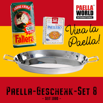 Paella-Geschenk-Set 8: Paella-Pfanne Edelstahl Ø 38 cm, Paella-Reis & Paella-Gewürz