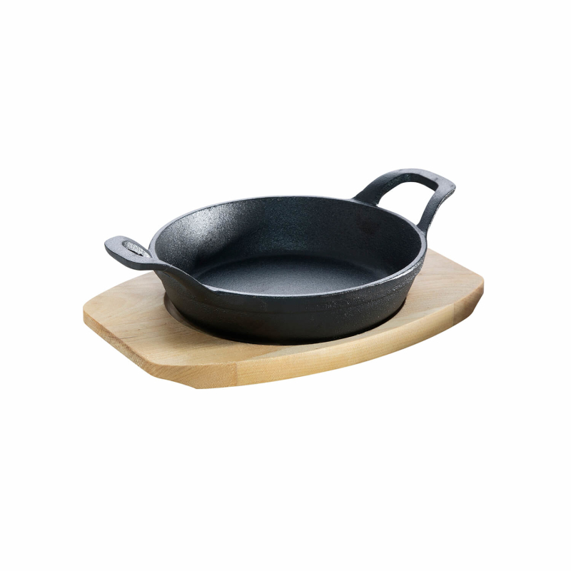 Cast iron serving pan with 2 handles Ø 15 cm and wooden coaster