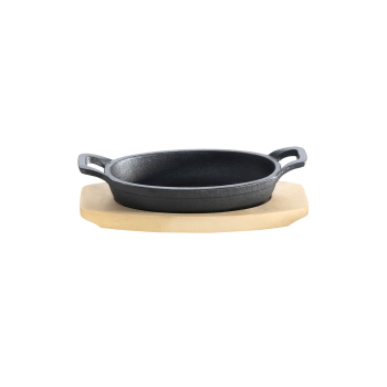 Cast iron serving pan -oval- with 2 handles Ø 21x15,5 cm and wooden coaster