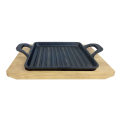 Cast iron pan with 2 handles 19,5x14 cm with wooden coaster