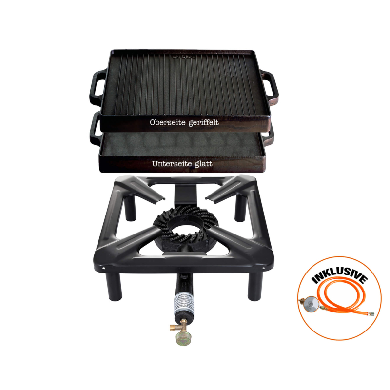 Tabulet Cooker Set (small) with cast iron plate 32 x 32 cm incll. gashose and gas-fitting-kit