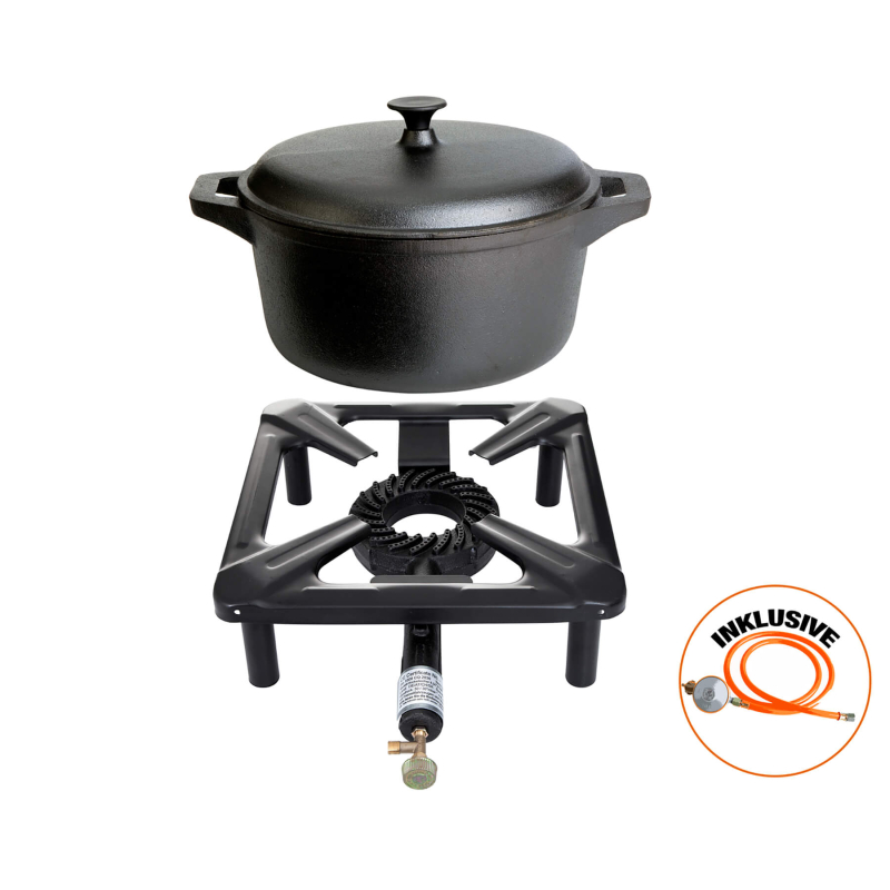 Stool cooker Set (small) with cast iron pot  22 cm - 2.7 l. volume incl. gashose and regulator