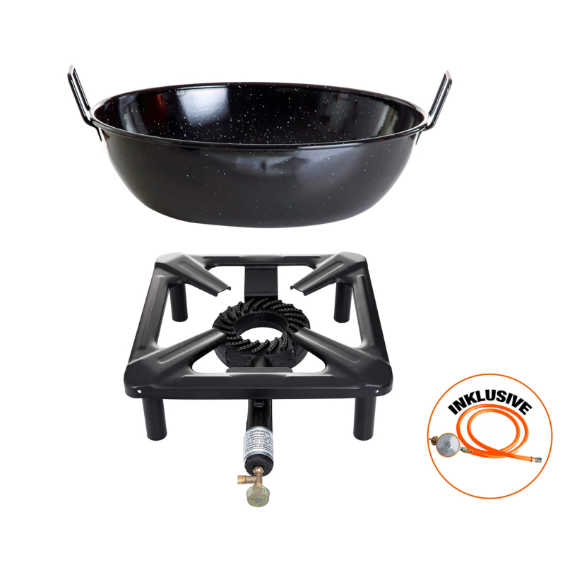 Stool cooker set (small) with enamel bowl/pot Ø 30 cm - incl. gas hose and gas-fitting-kit