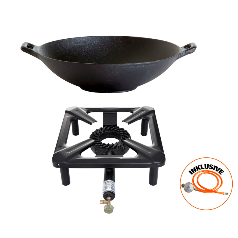 Tabulet Cooker Set (big) with Cast iron wok  Ø 37 cm incl. gashose and regulator 